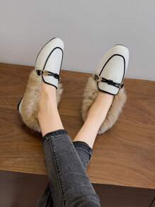 Mengshangli Women's Fluffy Slippers, Flat Outdoor Wear Warm Mule Slip-On Furry Loafers