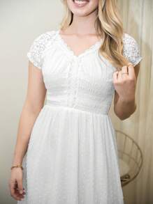 Renaissance Peasant Maiden Boho Inspired Cap Sleeve Lace Trim Maxi Dress - trắng - Xem 5