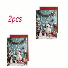 1pc/2pcs Funny Christmas Polar Bear & Penguin Cards, Birthday Cards, Thank You Cards, Personalized Original Design, Perfect For Animal Lovers, Ideal Christmas & Birthday Gifts, High-Quality Thick Card Paper, Comfortable Touch,Christmas - Red - View 5