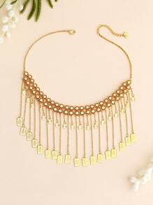 1pc Vintage 18K Gold Plated Copper Plated Tassel Pendant Gold Color Necklace For Women Bridal Wedding Season Party Accessories