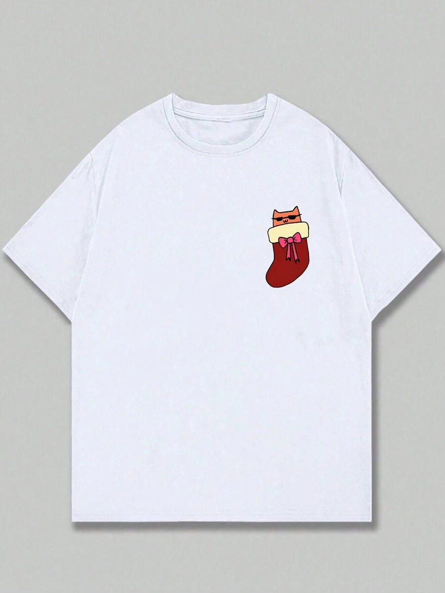 Kitten In Christmas Stocking Printed T-Shirt Premium Casual Men's Fashion Blouse - trắng - Xem 1