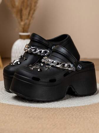 Zapatos perforados de mujer con lentejuelas hechas a mano y diseño de suela gruesa con estilo punk y hueco, zapatos cómodos para el jardín