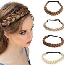 一套亚麻棕色编织合成发头带可调节手工编织头带弹性头带天然发饰女孩日常节日礼物耐热编织头带。