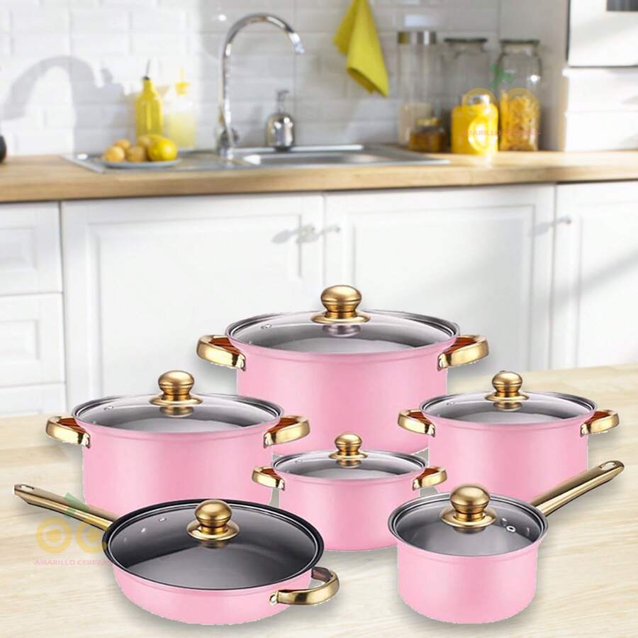Set de Cocina de Acero Inoxidable de 12 Piezas, Set de Cocina de Acero Inoxidable, Set de Cocina Multiusos, Set de Cocina Completamente Envuelto con Tapa de Vidrio con Mango Térmico, Apto para Lavavajillas, Diseñado Ergonómicamente - Rosa - Ver 1