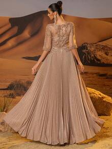 闪亮半袖褶裥正式礼服，适合婚礼宾客；A字长款精致蕾丝晚礼服，饰有亮片和手工串珠贴花；优雅的新娘母亲礼服，伴娘礼服；正式晚礼服，后背拉链；舞会礼服；适合婚礼宾客、毕业典礼、晚宴、情人节等场合。 - 藕粉色 - 查看 2