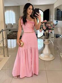 Long Skirt And One-Sleeve Crop Top Set In Linen With Ruffled Neckline: Elegance And Sophistication - Màu Hồng baby - Xem 1