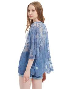 Womens Long Embroidered Lace Kimono Cardigan With Half Sleeves - Màu xanh lam - Xem 3