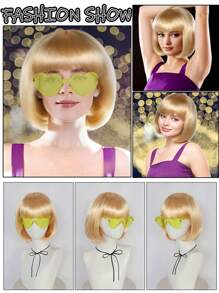 Perruque Bob aux couleurs pastel vibrantes, assortie avec des lunettes de soleil en forme de cœur colorées et sans cadre pour femmes. À porter au quotidien, pour la Saint-Patrick, Halloween, la Saint-Valentin ou des fêtes costumées. Cheveux courts et droits