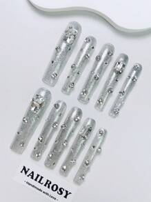 nailrosy 10 件手工按压指甲套装长棺材透明银色闪亮闪亮彩虹色奢华水钻装饰日式现代优雅简约韩国风格清新设计假指甲按压假指甲 - 銀色 - 查看 2