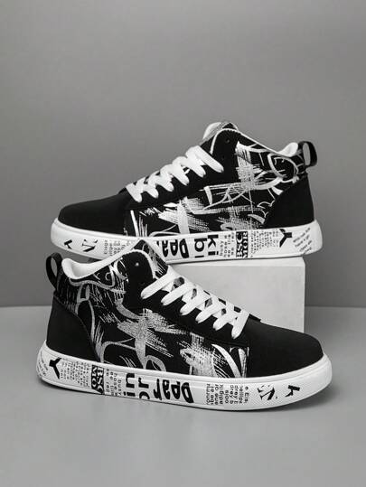 أحذية رياضية عالية الكاحل للرجال مزخرفة باللون الأبيض والأسود ذات طبعات عشوائية, رباط إغلاق، أحذية كاجوال وشتوية مناسبة للخروجات والمشي