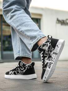 (Lớn hơn một cỡ) Giày thể thao cao cổ buộc dây in họa tiết ngẫu nhiên đen trắng cá tính dành cho nam, Giày đi bộ thường ngày đa năng thời trang ngoài trời - Đen và trắng - Xem 7