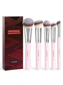 MAANGE 5pcs Professional Facial Makeup Brush Set With Loose Powder Brush Blush Brush Foundation Brush Contour Brush Nose Contour Brush,Makeup Tools With Soft Fiber For Powder,Liquid,For Easy Carrying,Brush For Travel.Gift For Women&Girls - 粉色 - 查看 10