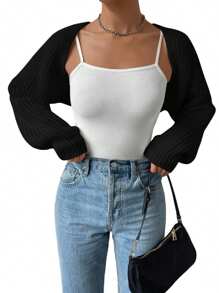 Women's Open Front Cropped Cardigan Long Sleeve Solid Color Ribbed Knit Shrug Sweater Bolero Tops - Black - View 5