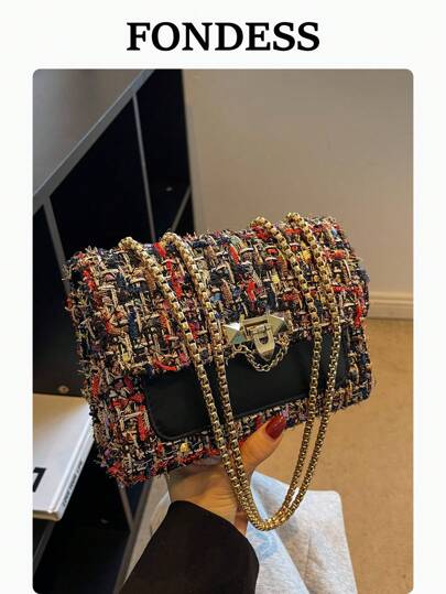 1pc Black & Colorful Plaid Tweed Small Square Bag, 2024 Autumn/Winter Fashion Chain Strap Shoulder Crossbody Bag With Lock Clasp For Women, Chic Vibe Suitable For Daily, Date, Gift, Party