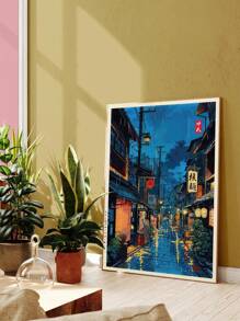 1幅装饰艺术品，经典现代东京茶馆墙画，帆布风景水墨画，无框动漫城市街景咖啡馆场景油画，适合室内/室外装饰，例如家庭办公室、卧室、客厅和餐厅，防水艺术品，四季皆宜，帆布墙画，无框，海报礼物，生日毕业纪念品