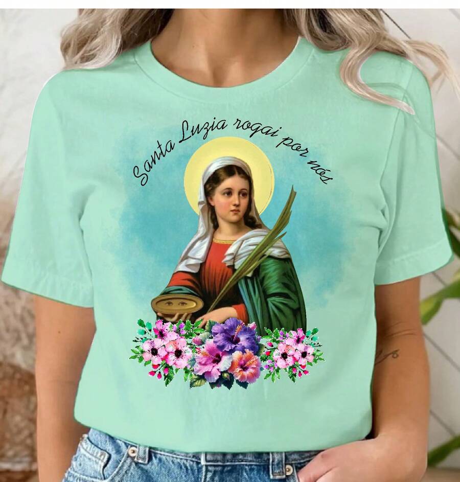 Santa Luzia Catholic Christian T Shirt Blouse, Baby Look Plus Size Religious - 薄荷綠 - 查看 1