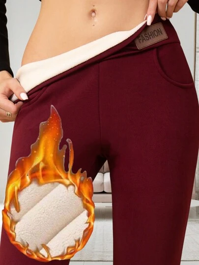 1条舒适保暖抓绒打底裤，休闲弹力口袋高腰全长打底裤，秋冬季