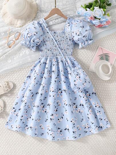 Meninas Ditsy Floral Puff Manga Quadrada Gola Ruffle Vestido Com Bolsa