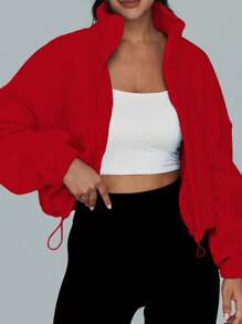 Women's Autumn/Winter Fleece Collar Short Jacket With Zipper And Drawstring - Red - View 3
