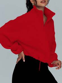 Women's Autumn/Winter Fleece Collar Short Jacket With Zipper And Drawstring - Red - View 5