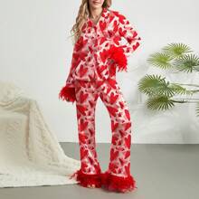 Women 2 Piece Lounge Set Heart Printed Long Sleeve Button Down Shirt And Pants Feather Trim Pajamas Sleepwear Set Women Feather Pajamas Silk Satin Lounge Sets Long Sleeve Button Down Shirts And Pants 2 Piece Pj Set - 粉紅色 - 查看 1
