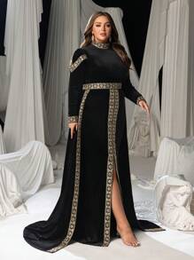 Faeriesty Plus Lace Trim Embellished Mock Neck Velvet Prom Dress - Black - View 9