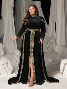 Faeriesty Plus Lace Trim Embellished Mock Neck Velvet Prom Dress - Black - View 5