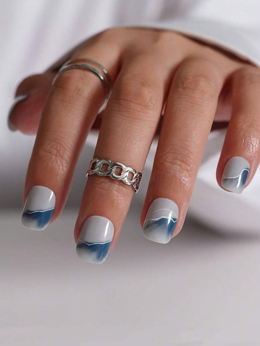 Bộ 24 móng giả ngắn hình vuông, họa tiết mây, nhuộm tie-dye màu xanh dương trang nhã, phù hợp cho phụ nữ và bé gái, sử dụng hàng ngày, có thể tái sử dụng và không làm hư hại móng thật. - Màu xanh lam - Xem 1