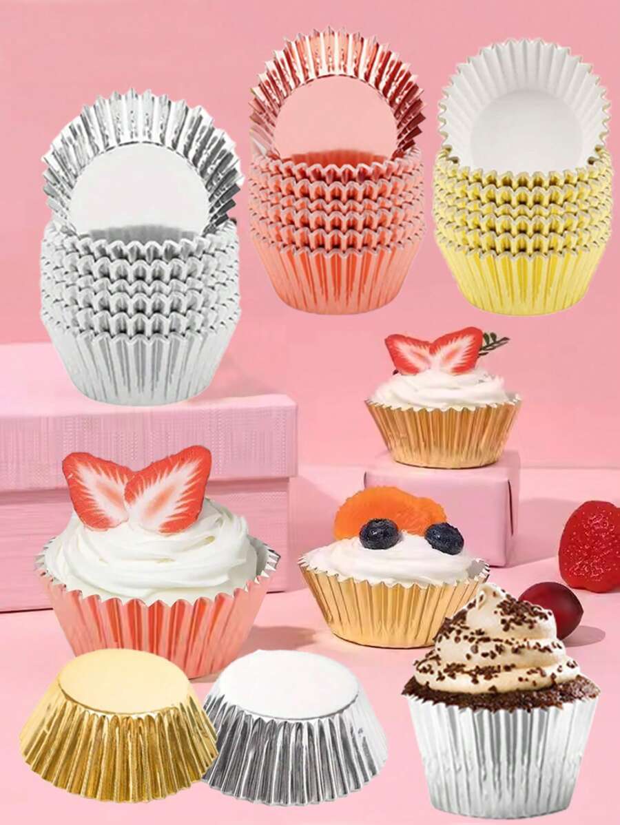 100pcs Aluminum Foil Cupcake Liners, Baking Cups, Heat Resistant Paper Cups, Suitable For Holidays Party & Home Use, Gold/Silver/Rose Gold, Wedding And Birthday Supplies, Home And Party Decorations - Multicolor - View 1