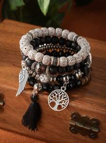 4 件/套波西米亚菩提珠多层翼与流苏生命之树吊坠串珠手链，适合日常佩戴 - 黑色 - 查看 12