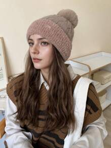 1pc Women's New Stylish Versatile Solid Color Fluffy Ball Logo Knitted Beanie, Winter Outdoor Warm Thick Earmuff Skullcap, Unisex Suitable For Daily Use Winter Christmas Beanie Hat