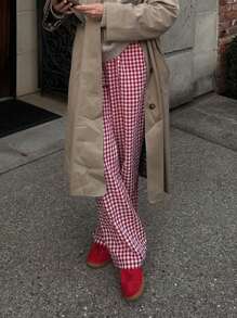 Women Wide Leg Pants Casual Loose Elastic Plaid Trousers With Pockets For Work Office Streetwear