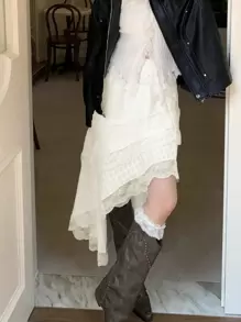 Korean Style Asymmetrical Lace Hem High Waist Slim Fit A-Line Skirt, Elegant For Autumn - Apricot - View 1