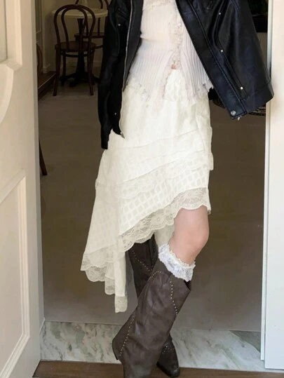 韩式不对称蕾丝下摆高腰修身 A 字裙，优雅秋季