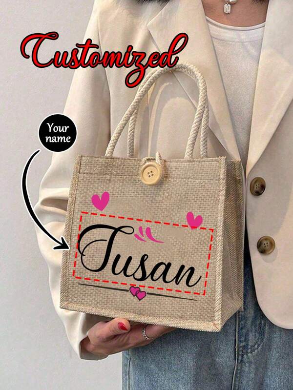 1 peça bolsa de lona de linho com nome personalizado, bolsa de individualização, bolsa enfeitada com botões, bolsa simples de grande capacidade, bolsa de armazenamento casual portátil, sacola de compras multifuncional, novo design, dobrável, grande capacidade, leve, perfeita para compras, bolsa de ombro, bolsa tote, lancheira, adequada para mulheres, bolsas de uso diário para mulheres