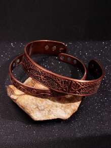 1 pieza Conjunto de brazalete magnético y anillo con diseño de flor vintage, para proteger la salud y prevenir lesiones, brazalete magnético ajustable de cobre antiguo enchapado para hombres y mujeres