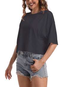 OUTBALL Womens Summer Casual Loose Fit Plain Soild Basic Short Sleeve Crop Tops T-Shirts - 灰色 - 查看 4