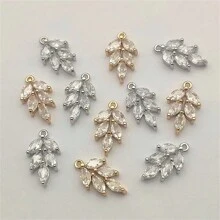 5pcs Copper Zirconia Stone Leaf Pendant Charms, DIY Necklace Earring Tassel Jewelry Accessories