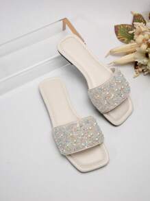 Plus Size Women's Rhinestone Decor Slip On Sandals, Casual Versatile Outdoor Plastic Flat Slides Valentines - Beige - View 4