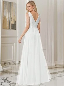 HOMEYEE V领无袖亮片网纱及地长裙，复古休闲晚宴鸡尾酒会度假装，性感，婚礼宾客礼服，正式礼服，优雅白色长裙 - 白色 - 查看 2