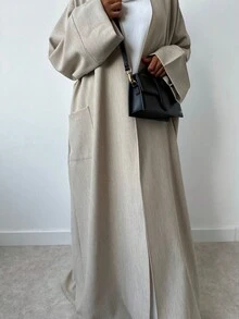 1 件女士经典纯色宽松时尚长袍开衫，舒适的穆斯林长袍和服，适合日常穿着和节日 - 淺米色 - 查看 2