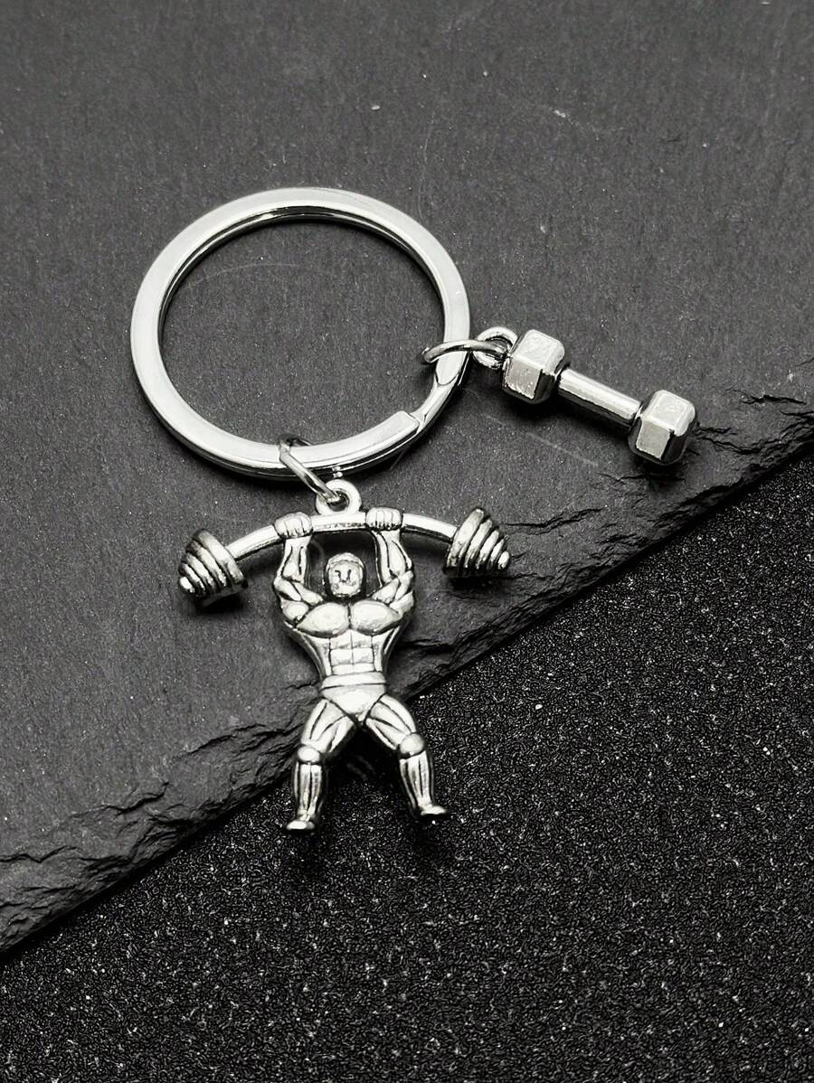 1pc Weightlifting Muscle Man Dumbbell Keychain, Exquisite Personalized Key Ring For Fitness Enthusiasts, Gift For Fitness-Loving Friends - Silver - View 1