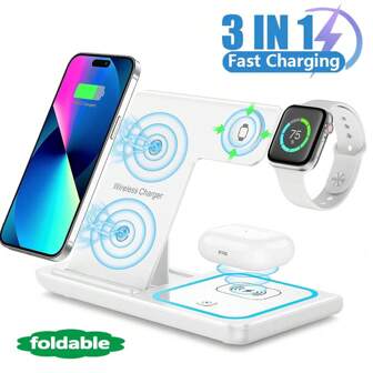 15W LED Fast Wireless Charger Stand 3 In 1 Foldable Charging Station Compatible With Iphone 16 15 14 13 12 11 Apple Watch 9 8 7 6 5 Airpods Pro