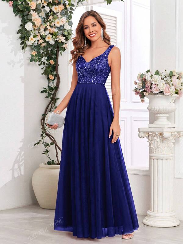 Sequined Mesh Spring Women's Evening Dress Ball Gowns Woman Formal,Suitable For Wedding Events