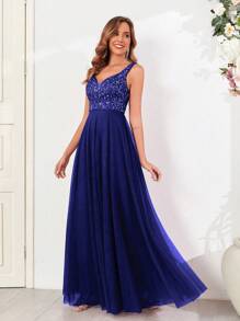 Women's Sweetheart Neck Sleeveless Sequin Mesh A-Line Evening Dress, Elegant Ball Gown, Bridesmaid Dress, Suitable For Weddings, Galas And Other Occasions - Royal Blue - View 7