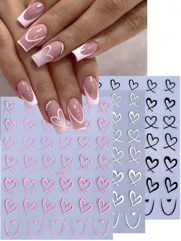 3 pezzi di adesivi per unghie a forma di cuore 3D in bianco, nero e rosa, con design a linea francese a cuore vuoto in stile Y2K, decalcomanie autoadesive per gel polish, decorazioni per unghie