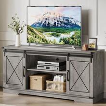 Farmhouse TV Stand For Up To 65''TV, Entertainment Center With Sliding Barn Doors And Adjustable Shelf, Media Console Table With Storage Cabinet For Living Room, Bedroom