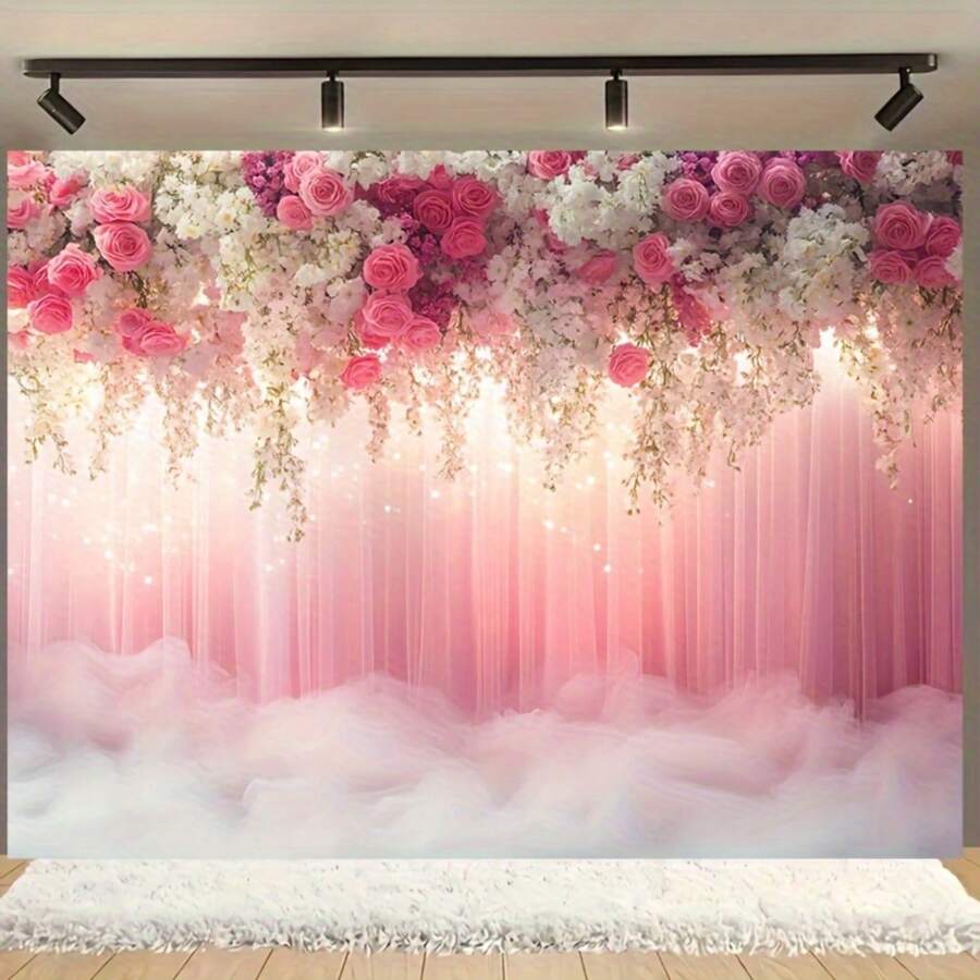 大型优雅花卉摄影背景，带窗帘设计，聚酯纤维相机设备背景横幅