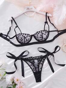 Sexy Lace Women's Lingerie Set, Black Heart Embroidery Push-Up Bra And Panties 2 Pieces, Sheer Mesh Underwear For Romantic Intimate Apparel, Perfect For Valentine's Day And Bedtime Ultra-Thin Bra