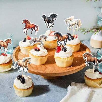 8 件马图案蛋糕装饰，动物主题赛马纸杯蛋糕装饰，适合生日派对、赛马比赛蛋糕装饰用品